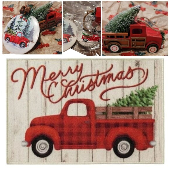 Christmas Rug and Ornaments Red Pickup Truck Holiday Seasonal Mat JJ1262/1166 - Picture 1 of 7